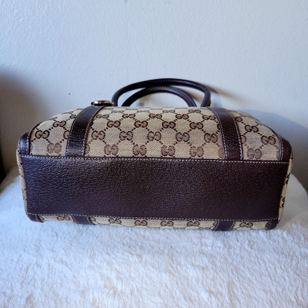 Gucci Beige Logo Canvas and Brown Leather Satchel - Picture 9 of 14